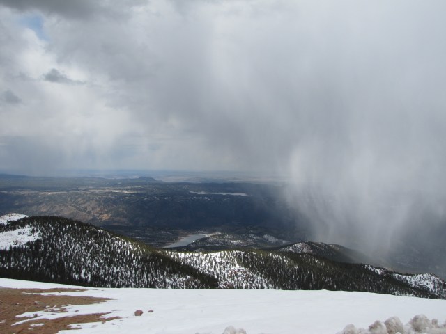 Colorado Springs from Pike's Peak.  Blowing snow.